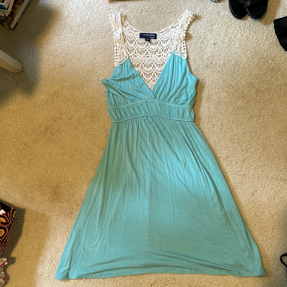 Blue swimsuit cover with lace back detailing